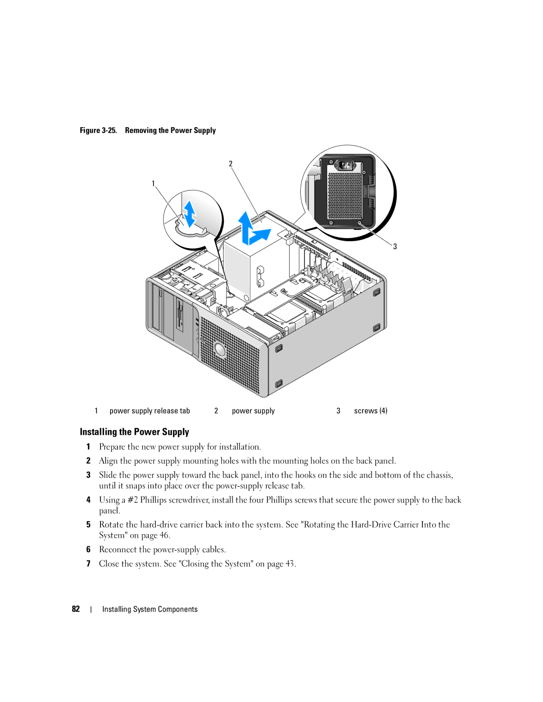 Dell SC1430 owner manual Installing the Power Supply, Removing the Power Supply Power supply release tab 