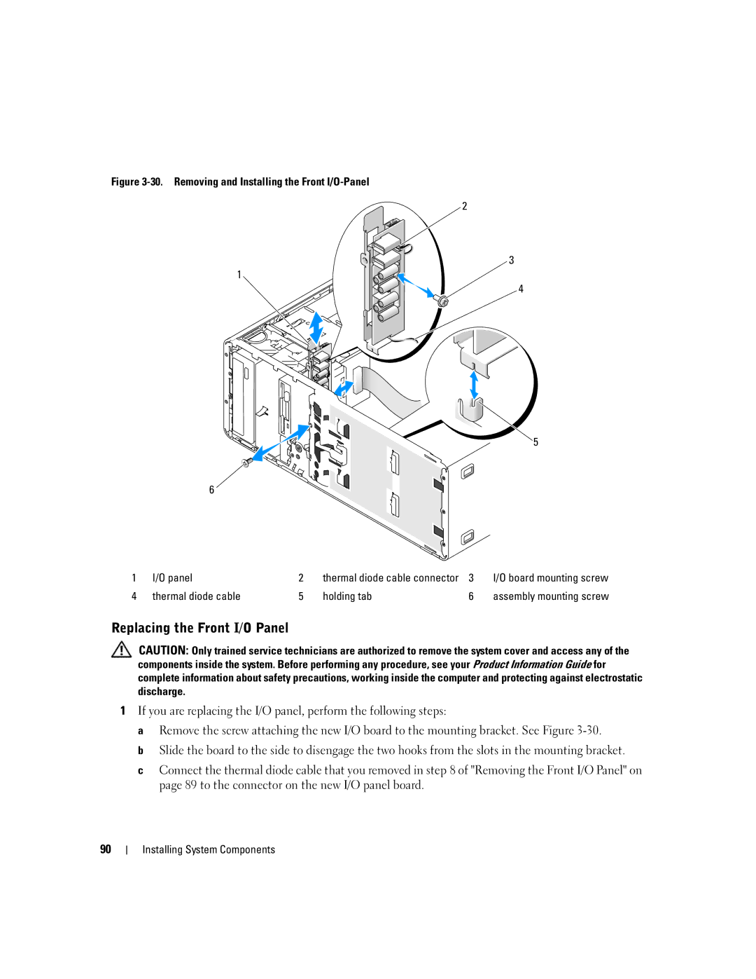 Dell SC1430 owner manual Replacing the Front I/O Panel, Thermal diode cable Holding tab 