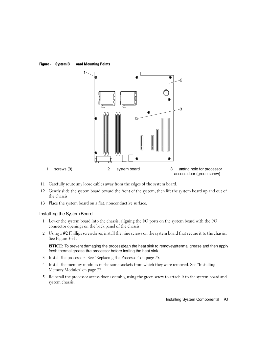 Dell SC1430 owner manual Installing the System Board, System Board Mounting Points Screws System board 