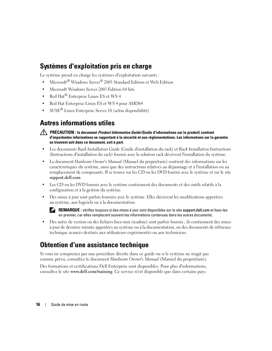 Dell SC1435 manual Systèmes dexploitation pris en charge, Autres informations utiles, Obtention dune assistance technique 