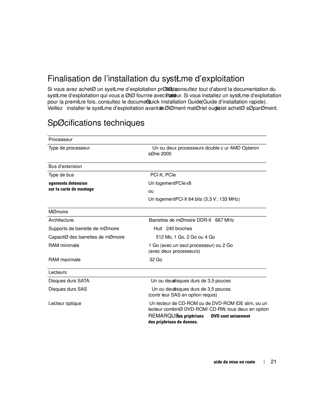 Dell SC1435 manual Finalisation de linstallation du système dexploitation, Spécifications techniques 