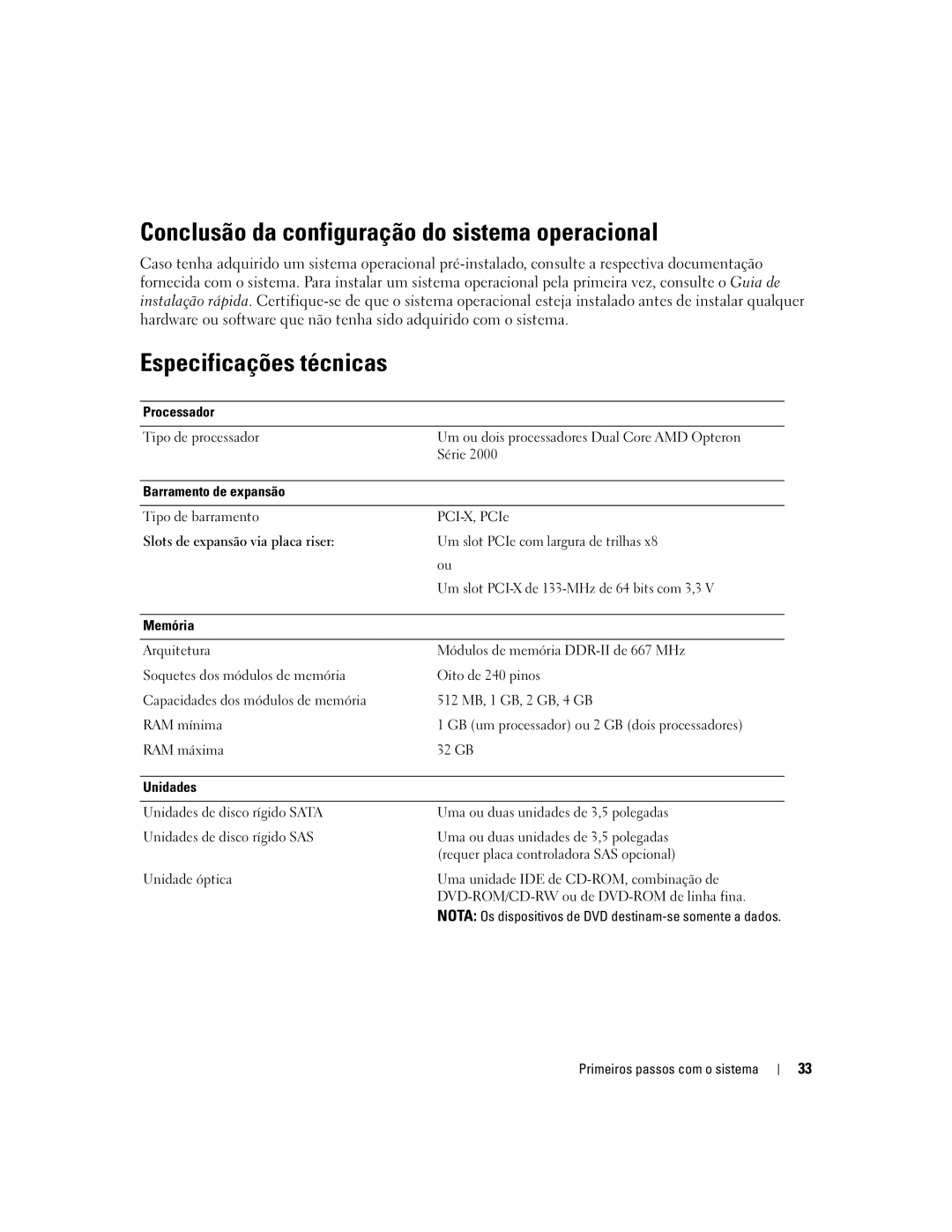 Dell SC1435 manual Conclusão da configuração do sistema operacional, Especificações técnicas 