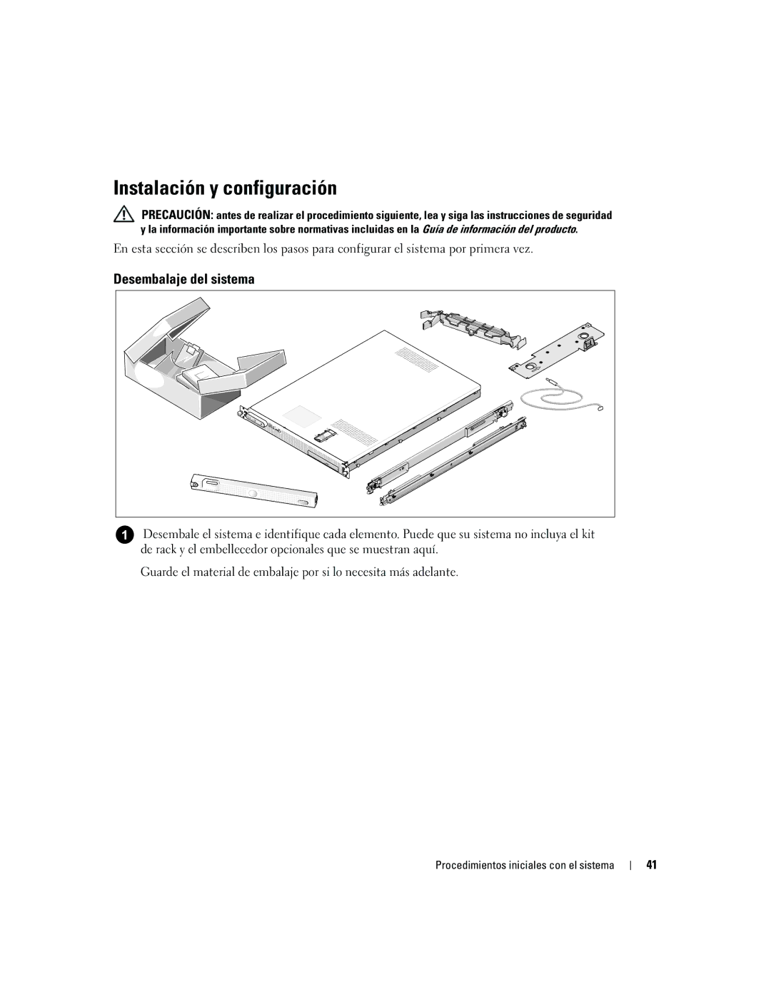 Dell SC1435 manual Instalación y configuración, Desembalaje del sistema 