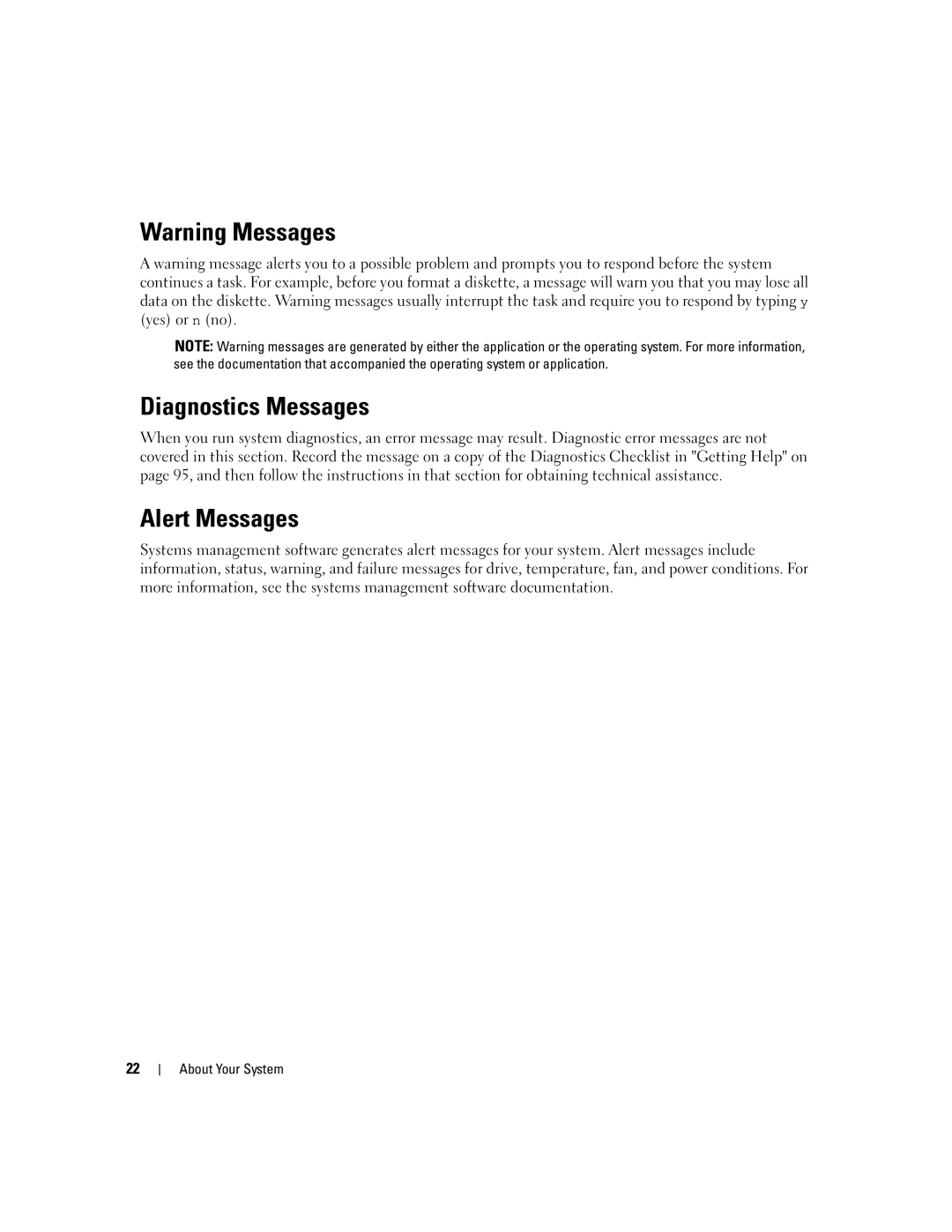 Dell SC1435 owner manual Diagnostics Messages, Alert Messages 