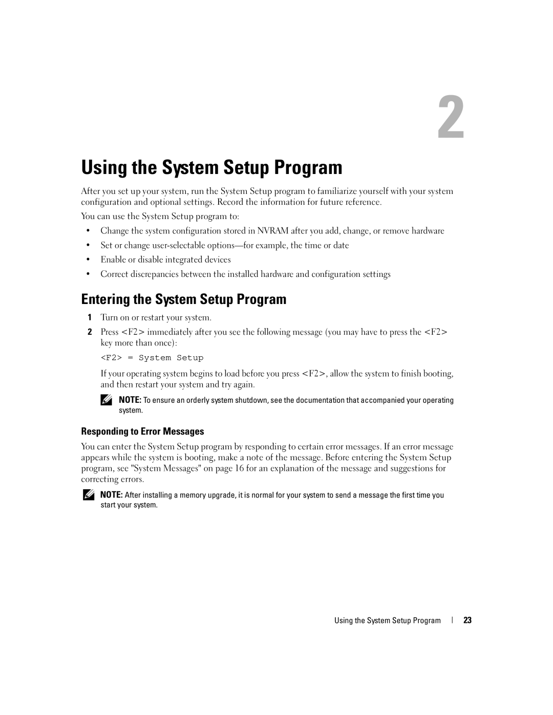 Dell SC1435 owner manual Entering the System Setup Program, Responding to Error Messages, Using the System Setup Program 