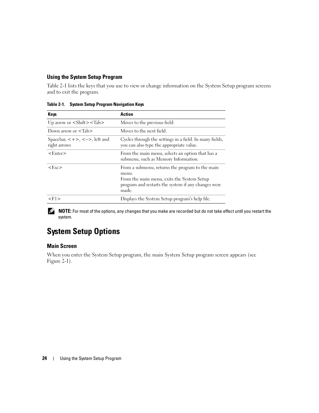 Dell SC1435 owner manual System Setup Options, Using the System Setup Program, Main Screen 