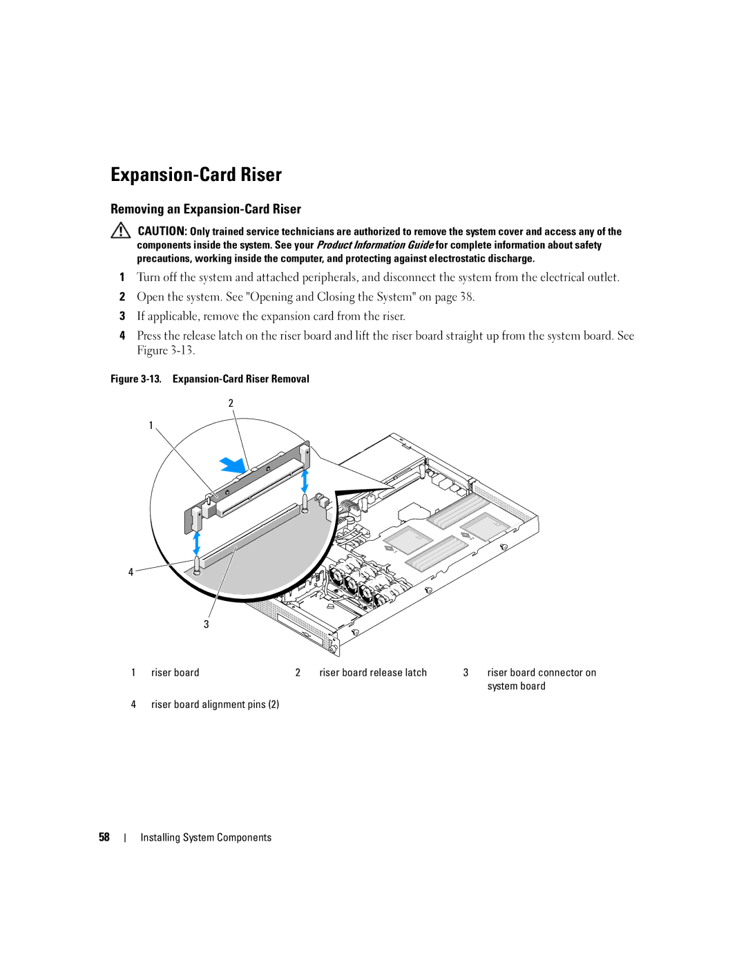 Dell SC1435 owner manual Removing an Expansion-Card Riser, Riser board alignment pins Installing System Components 