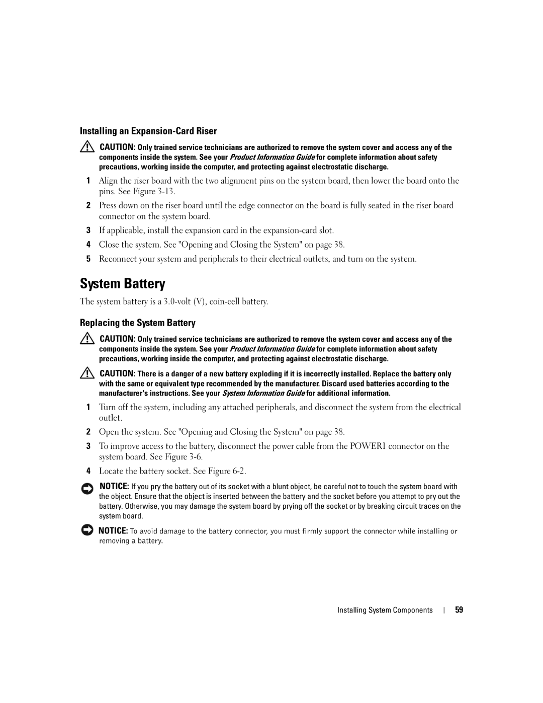 Dell SC1435 owner manual Installing an Expansion-CardRiser, Replacing the System Battery 