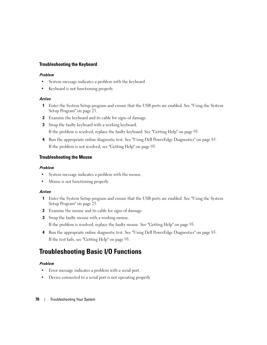 Dell SC1435 owner manual Troubleshooting Basic I/O Functions, Troubleshooting the Keyboard, Troubleshooting the Mouse 