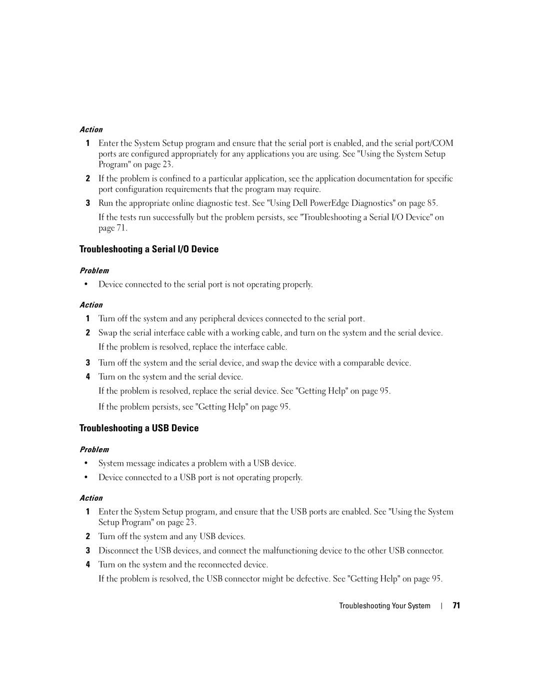 Dell SC1435 owner manual Troubleshooting a Serial I/O Device, Troubleshooting a USB Device 