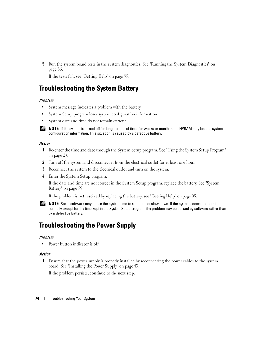 Dell SC1435 Troubleshooting the System Battery, Troubleshooting the Power Supply, Power button indicator is off 