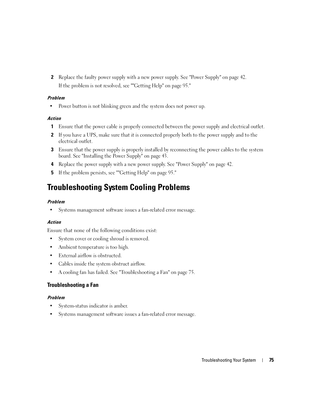 Dell SC1435 owner manual Troubleshooting System Cooling Problems, Troubleshooting a Fan 