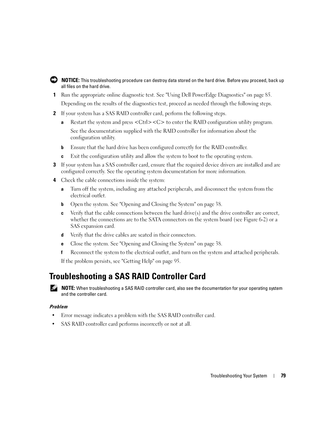 Dell SC1435 owner manual Troubleshooting a SAS RAID Controller Card 