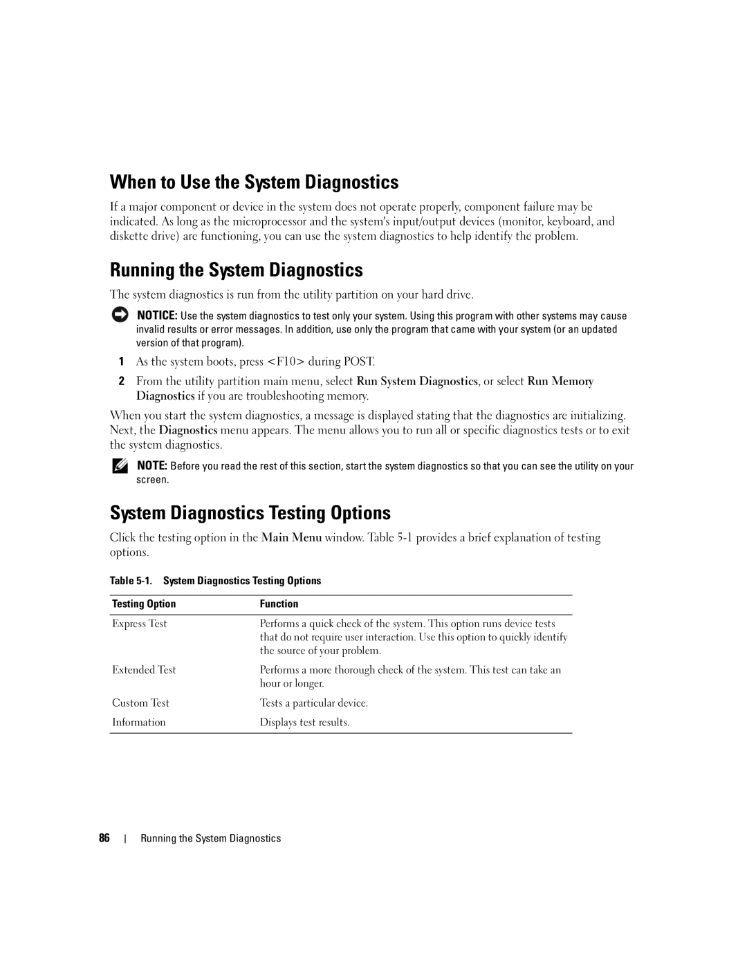 Dell SC1435 When to Use the System Diagnostics, Running the System Diagnostics, System Diagnostics Testing Options 