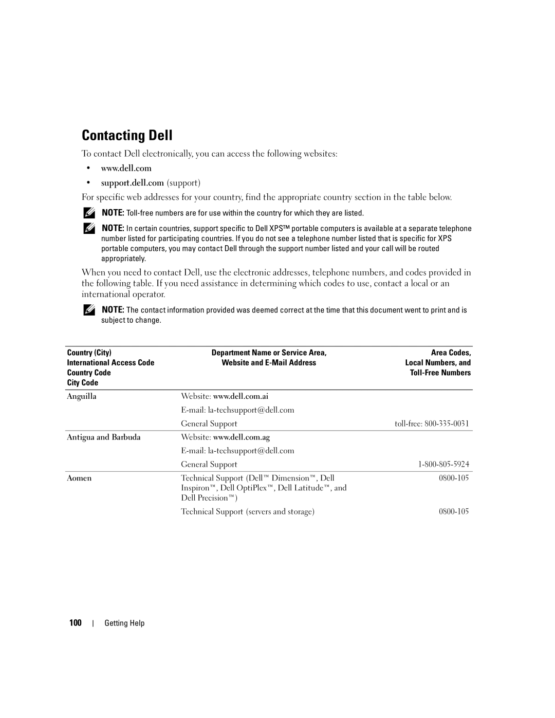 Dell SC1435 owner manual Contacting Dell, 100, Mail la-techsupport@dell.com General Support Toll-free 