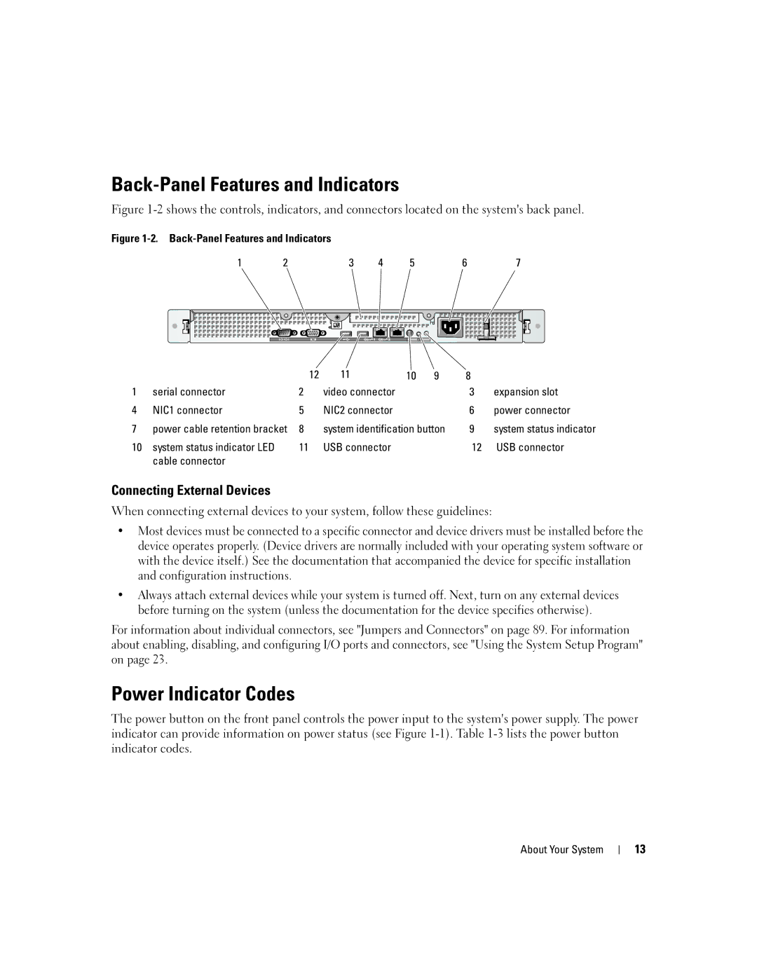 Dell SC1435 owner manual Back-Panel Features and Indicators, Power Indicator Codes, Connecting External Devices 