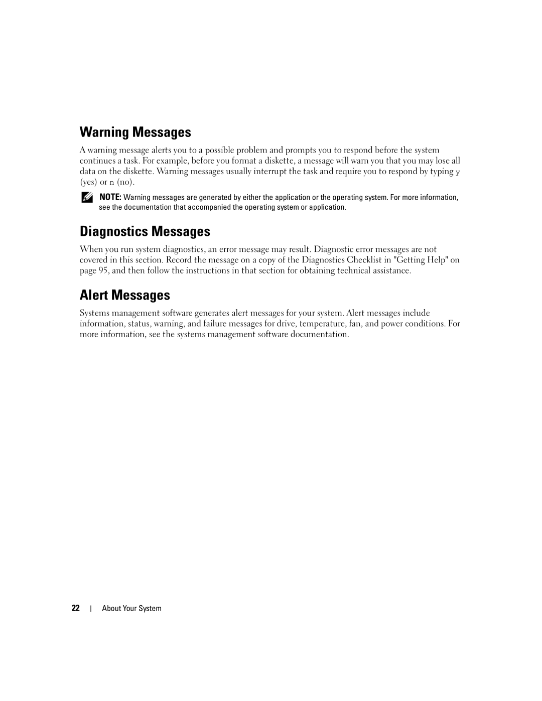 Dell SC1435 owner manual Diagnostics Messages, Alert Messages 