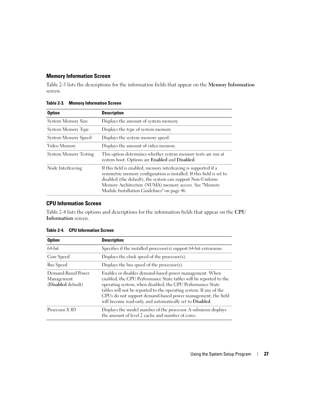 Dell SC1435 owner manual Memory Information Screen, CPU Information Screen 