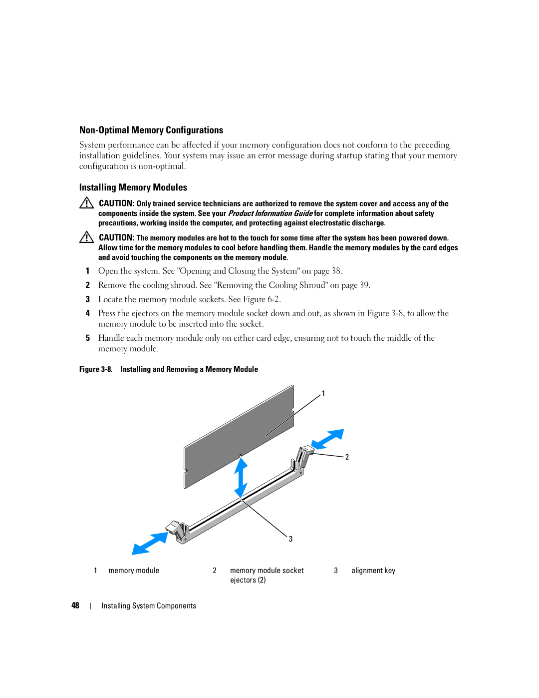 Dell SC1435 Non-Optimal Memory Configurations, Installing Memory Modules, Ejectors Installing System Components 