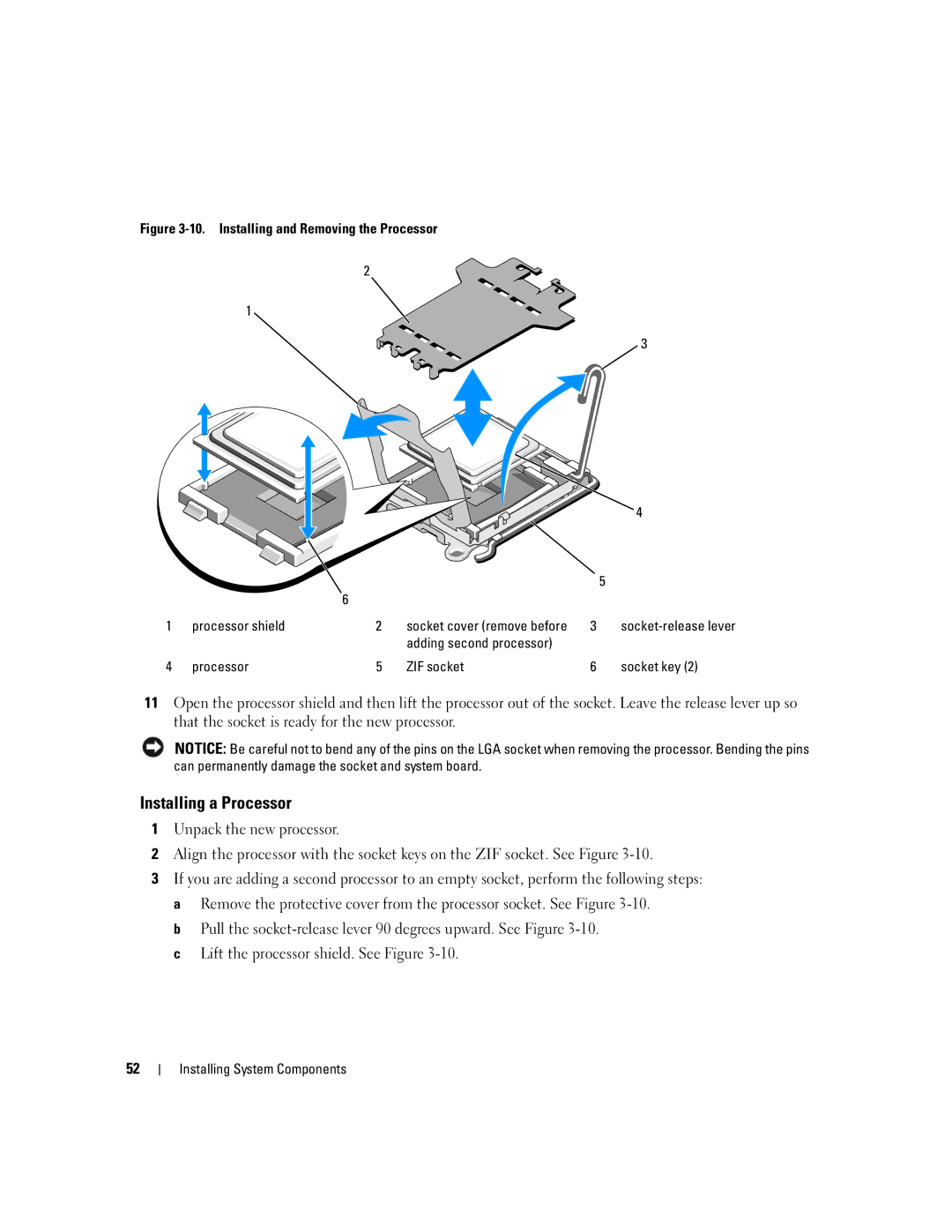 Dell SC1435 owner manual Installing a Processor, Adding second processor Processor ZIF socket Socket key 