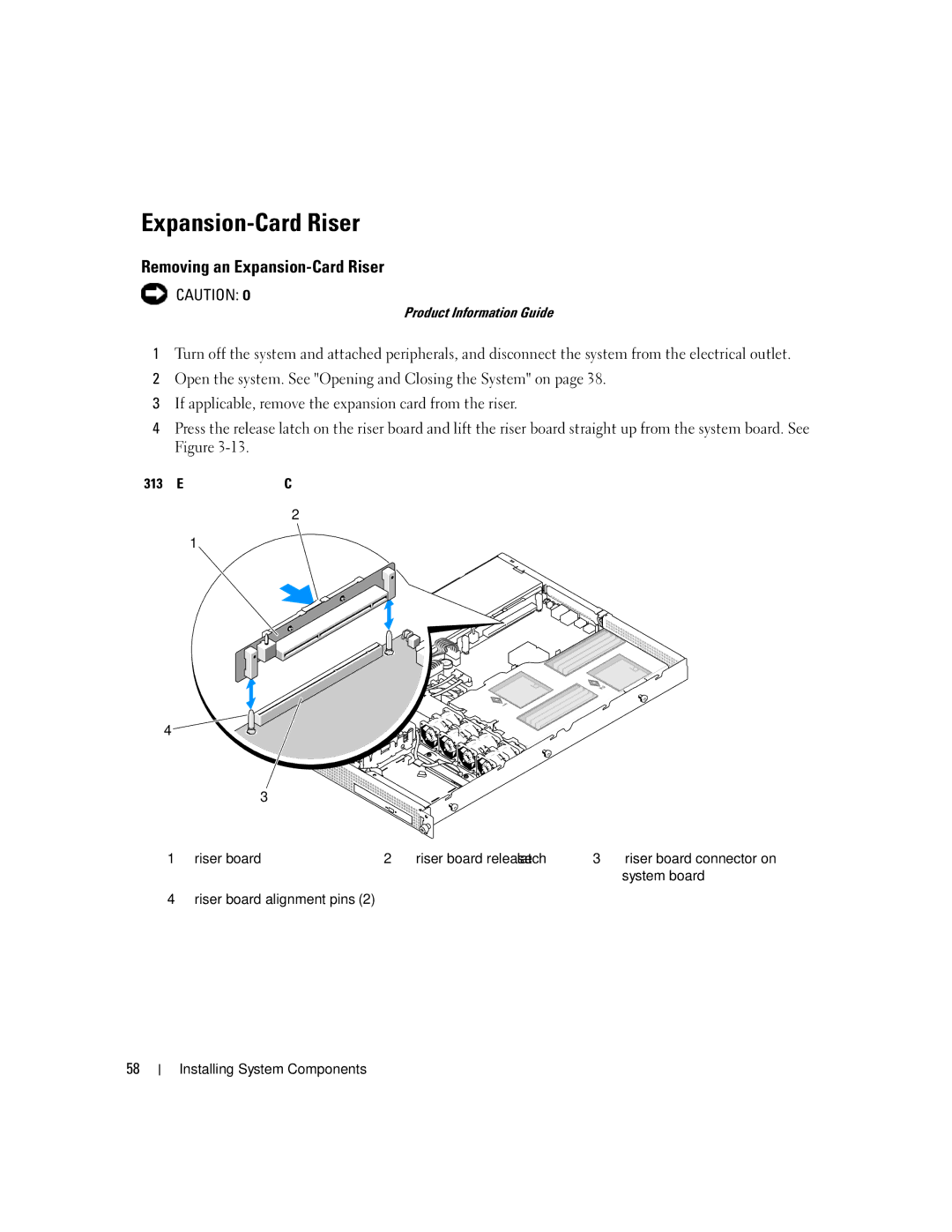 Dell SC1435 owner manual Removing an Expansion-Card Riser, Riser board alignment pins Installing System Components 