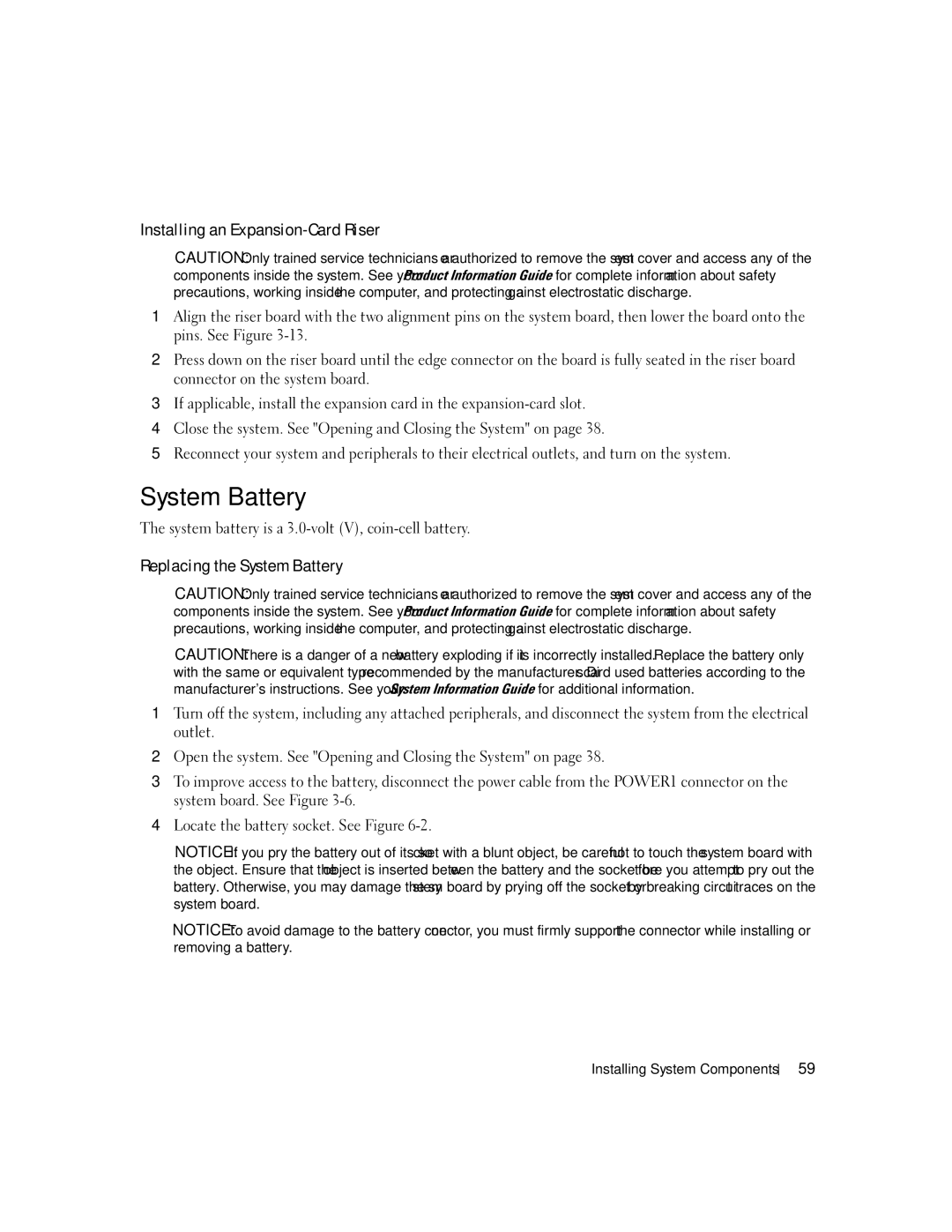 Dell SC1435 owner manual Installing an Expansion-CardRiser, Replacing the System Battery 