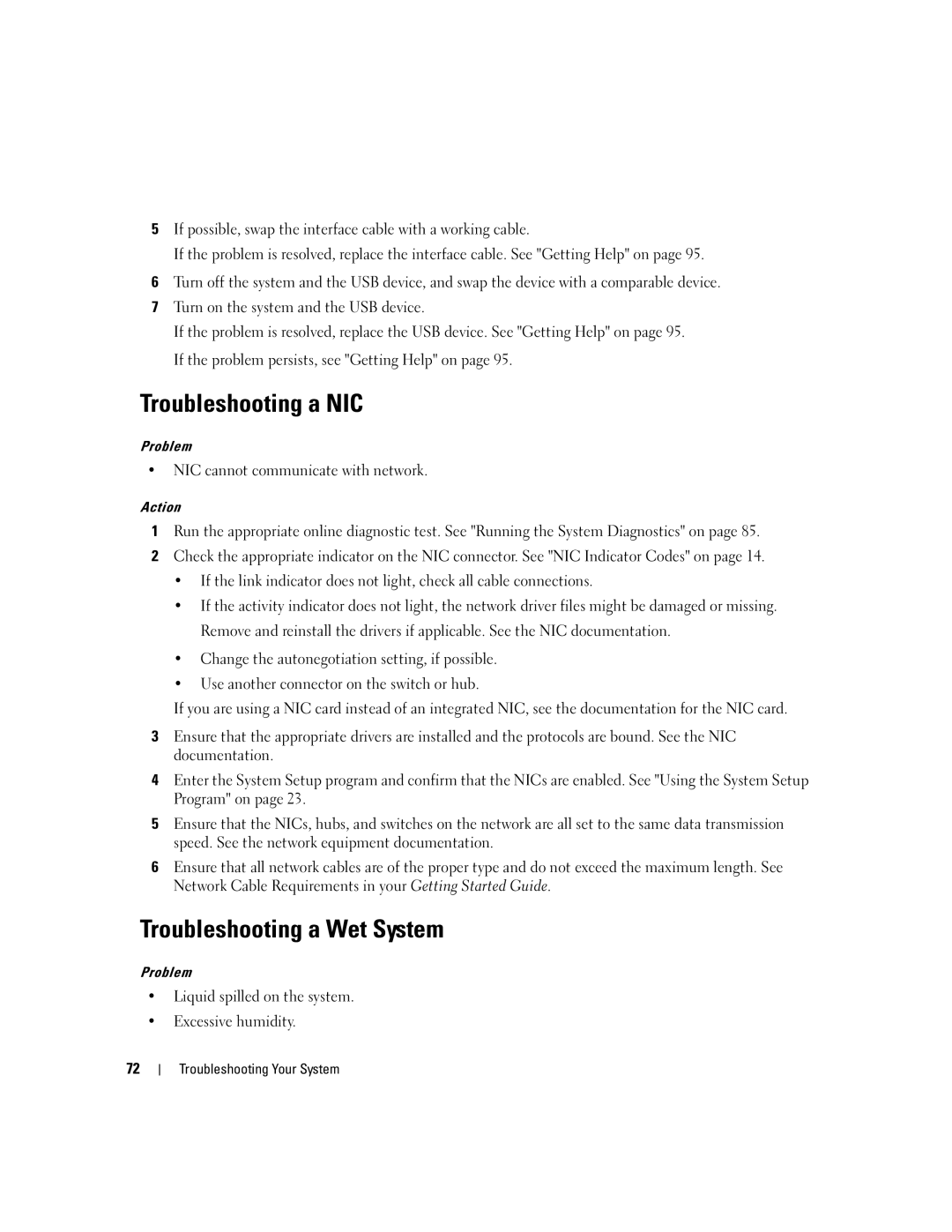 Dell SC1435 owner manual Troubleshooting a NIC, Troubleshooting a Wet System, NIC cannot communicate with network 