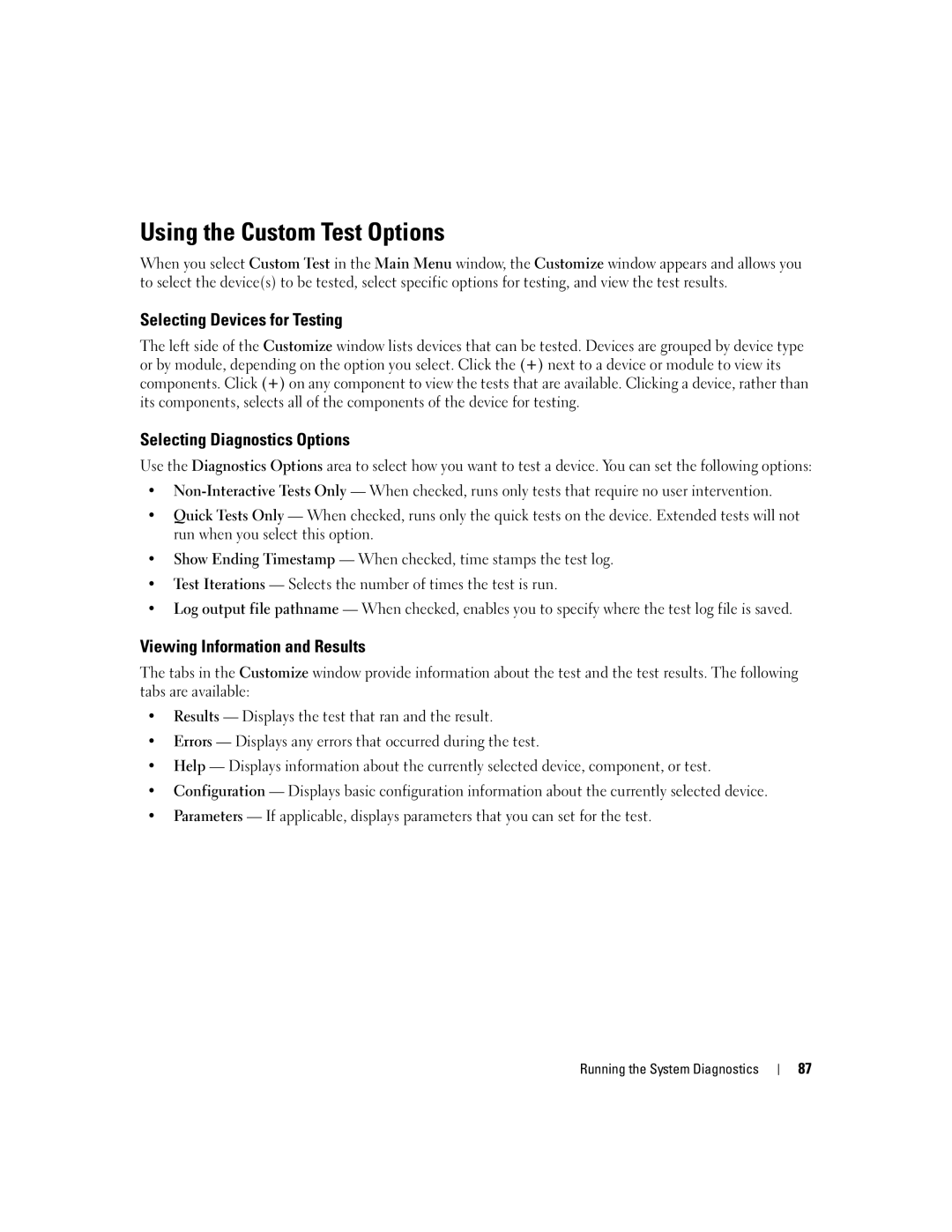 Dell SC1435 owner manual Using the Custom Test Options, Selecting Devices for Testing, Selecting Diagnostics Options 