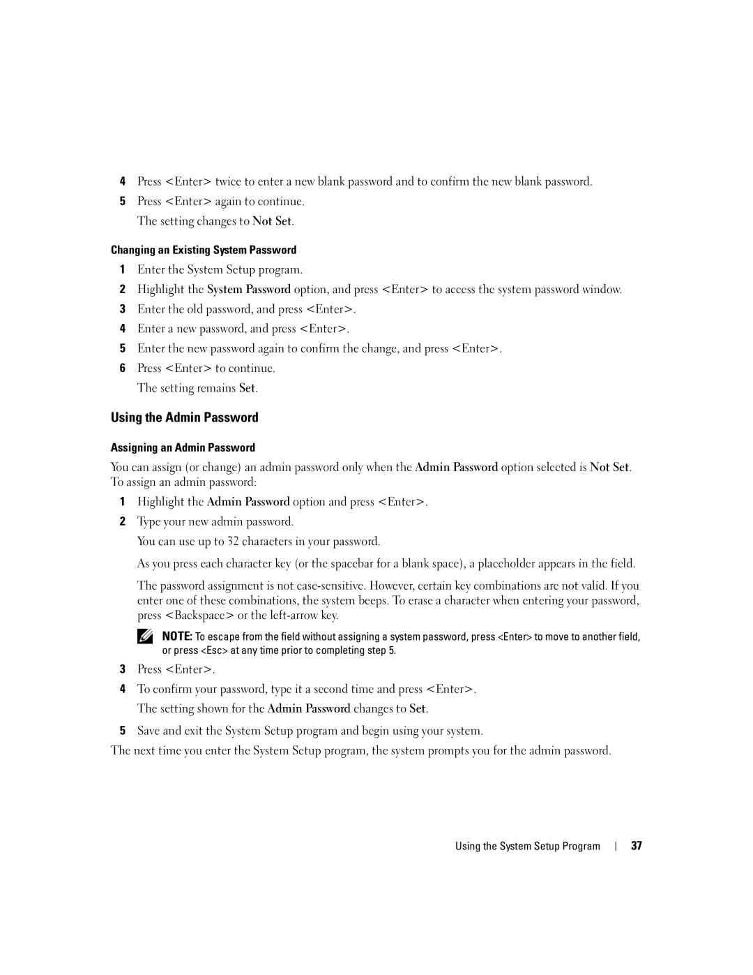 Dell SC440 owner manual Using the Admin Password, Press Enter to continue. The setting remains Set 