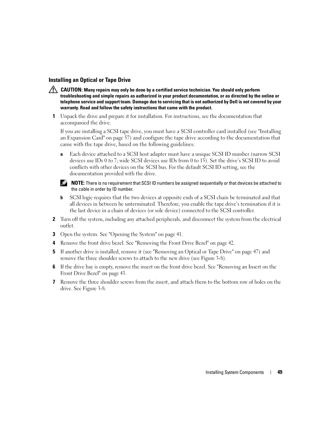 Dell SC440 owner manual Installing an Optical or Tape Drive 