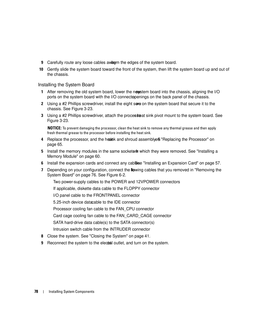 Dell SC440 owner manual Installing the System Board 