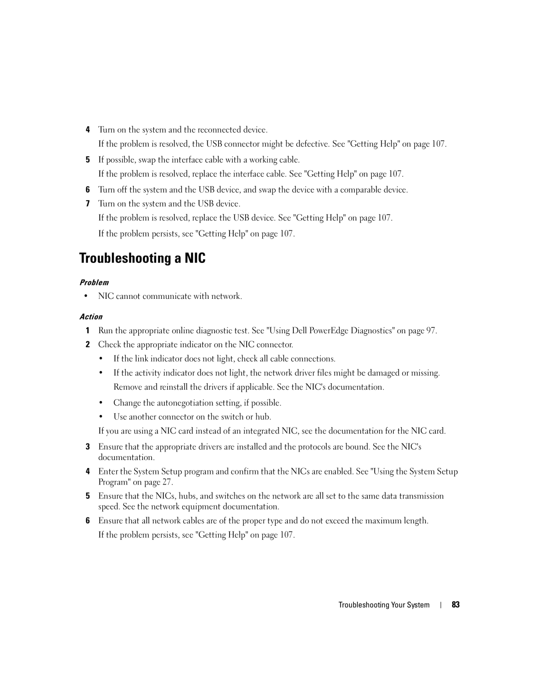 Dell SC440 owner manual Troubleshooting a NIC, NIC cannot communicate with network 