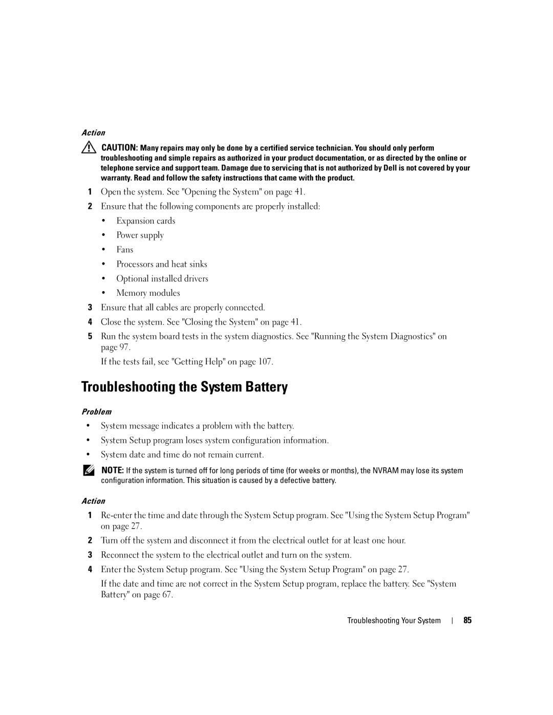 Dell SC440 owner manual Troubleshooting the System Battery 