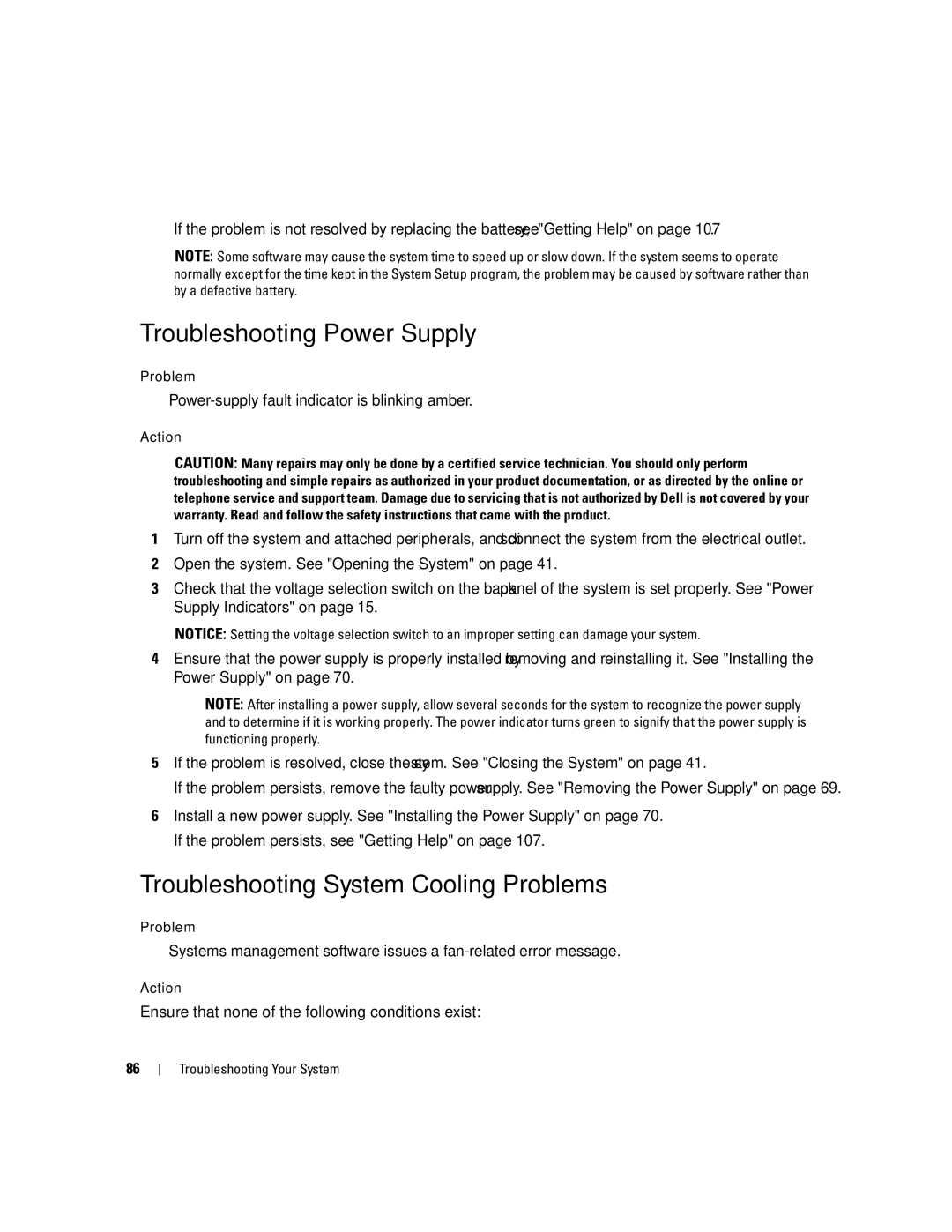 Dell SC440 owner manual Troubleshooting Power Supply, Troubleshooting System Cooling Problems 