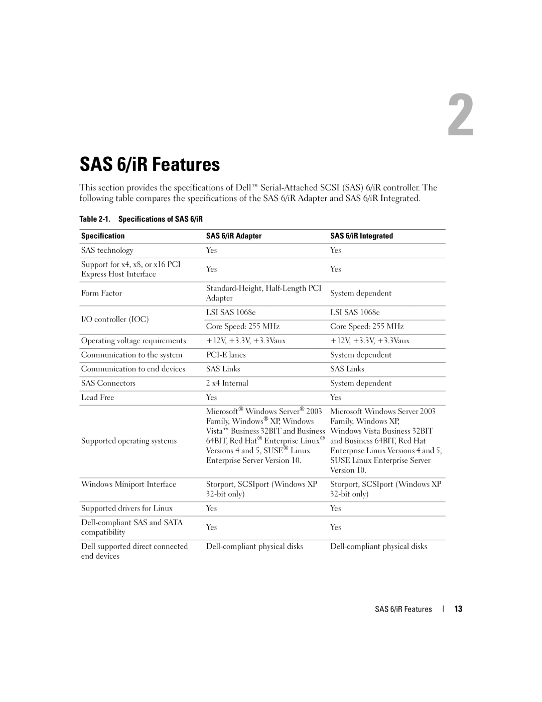 Dell SCSI 6/IR manual SAS 6/iR Features 