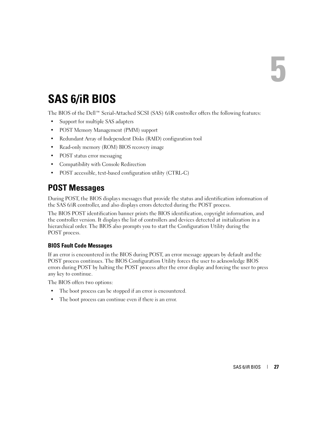 Dell SCSI 6/IR manual SAS 6/iR Bios, Post Messages, Bios Fault Code Messages 