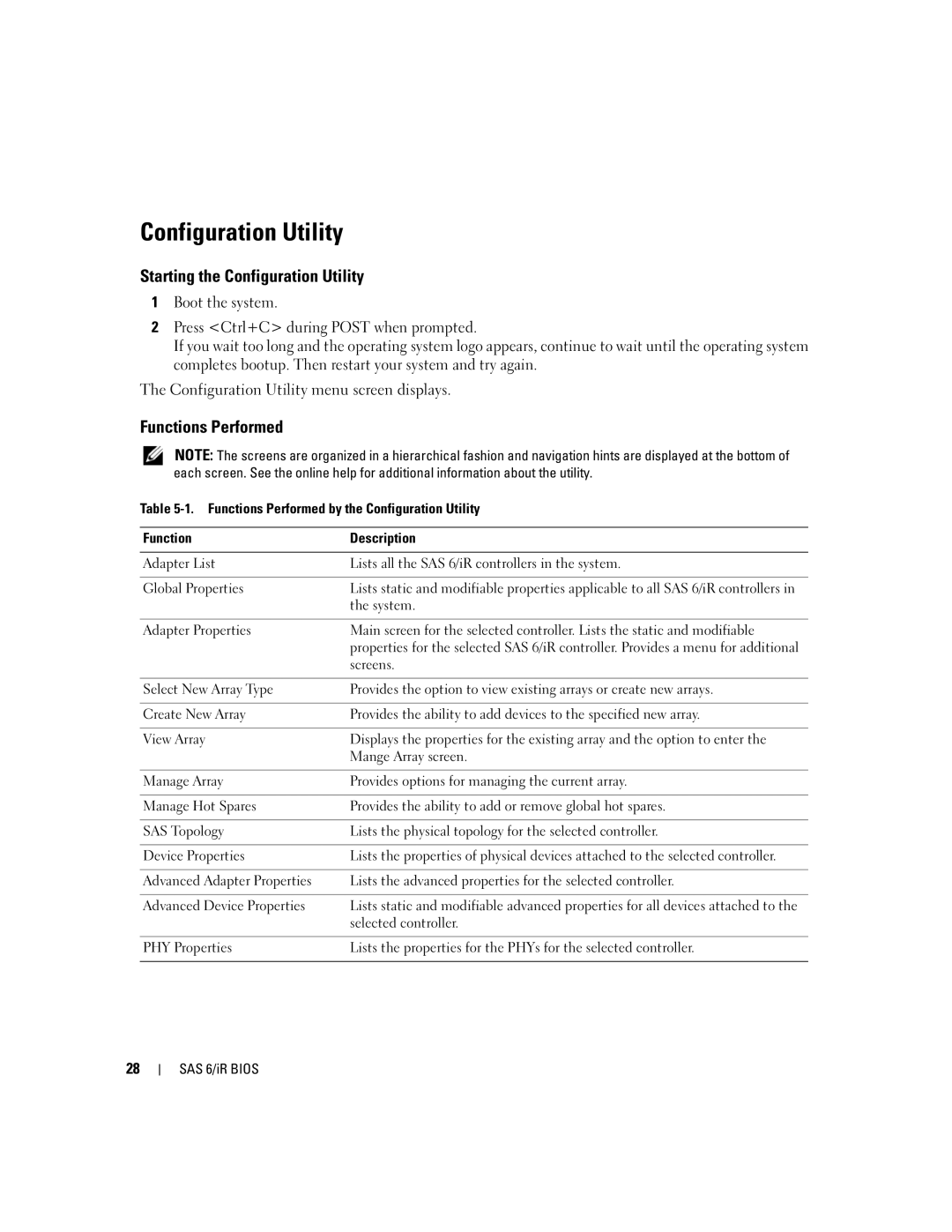 Dell SCSI 6/IR manual Starting the Configuration Utility, Functions Performed 