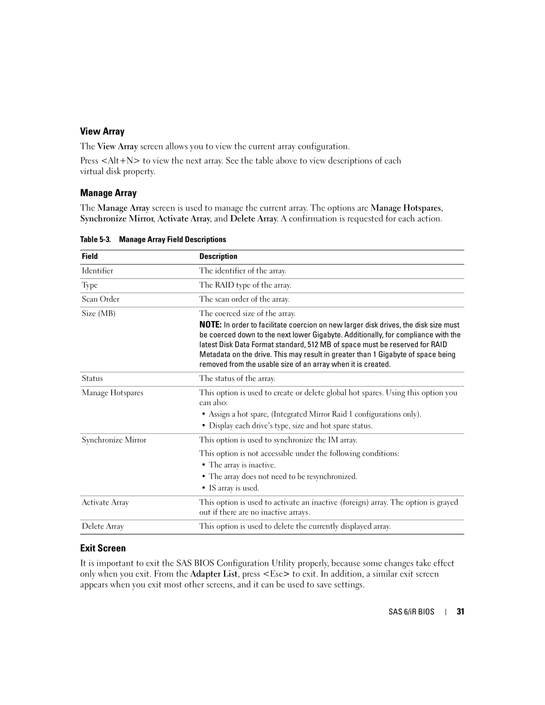 Dell SCSI 6/IR manual View Array, Manage Array, Exit Screen 