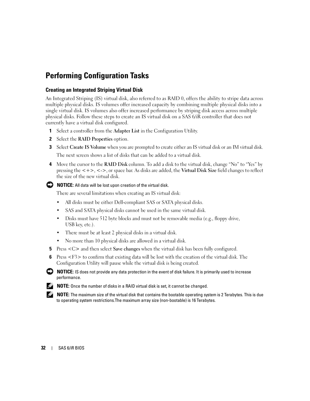 Dell SCSI 6/IR manual Performing Configuration Tasks, Creating an Integrated Striping Virtual Disk 