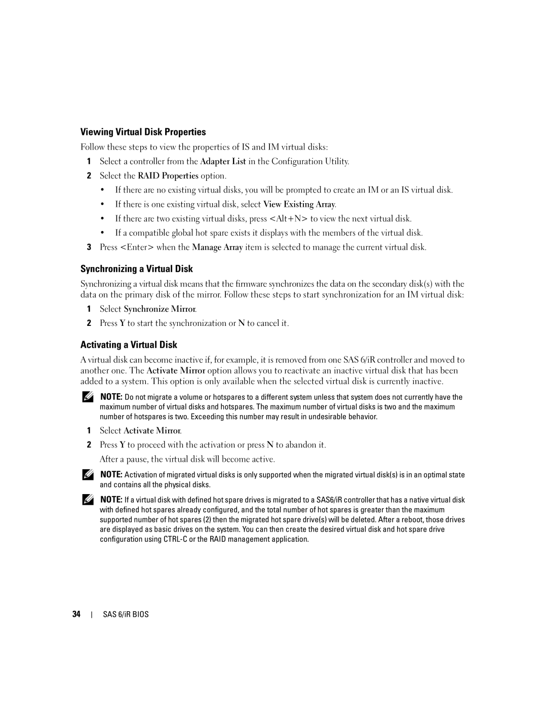 Dell SCSI 6/IR manual Viewing Virtual Disk Properties, Synchronizing a Virtual Disk, Activating a Virtual Disk 