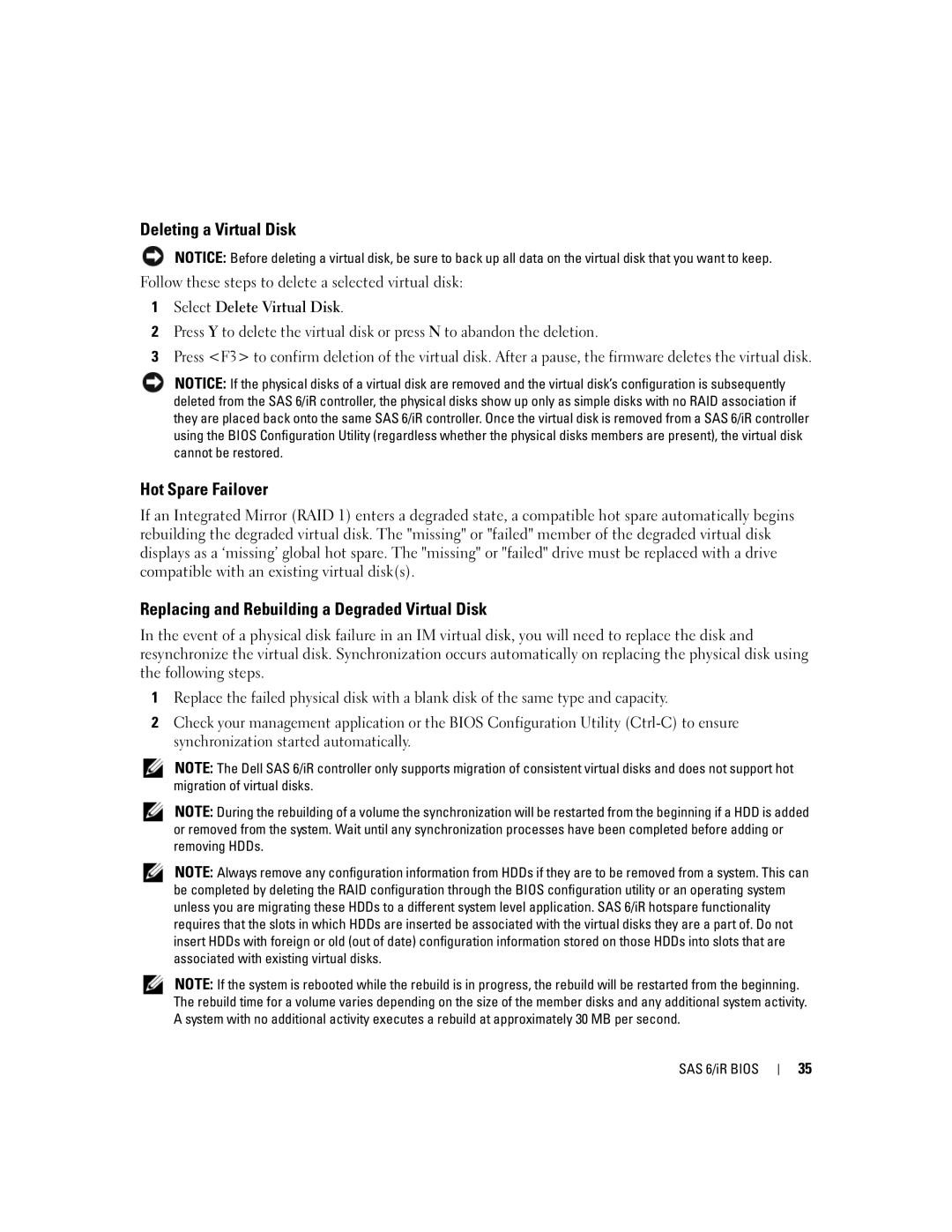 Dell SCSI 6/IR manual Deleting a Virtual Disk, Hot Spare Failover, Replacing and Rebuilding a Degraded Virtual Disk 