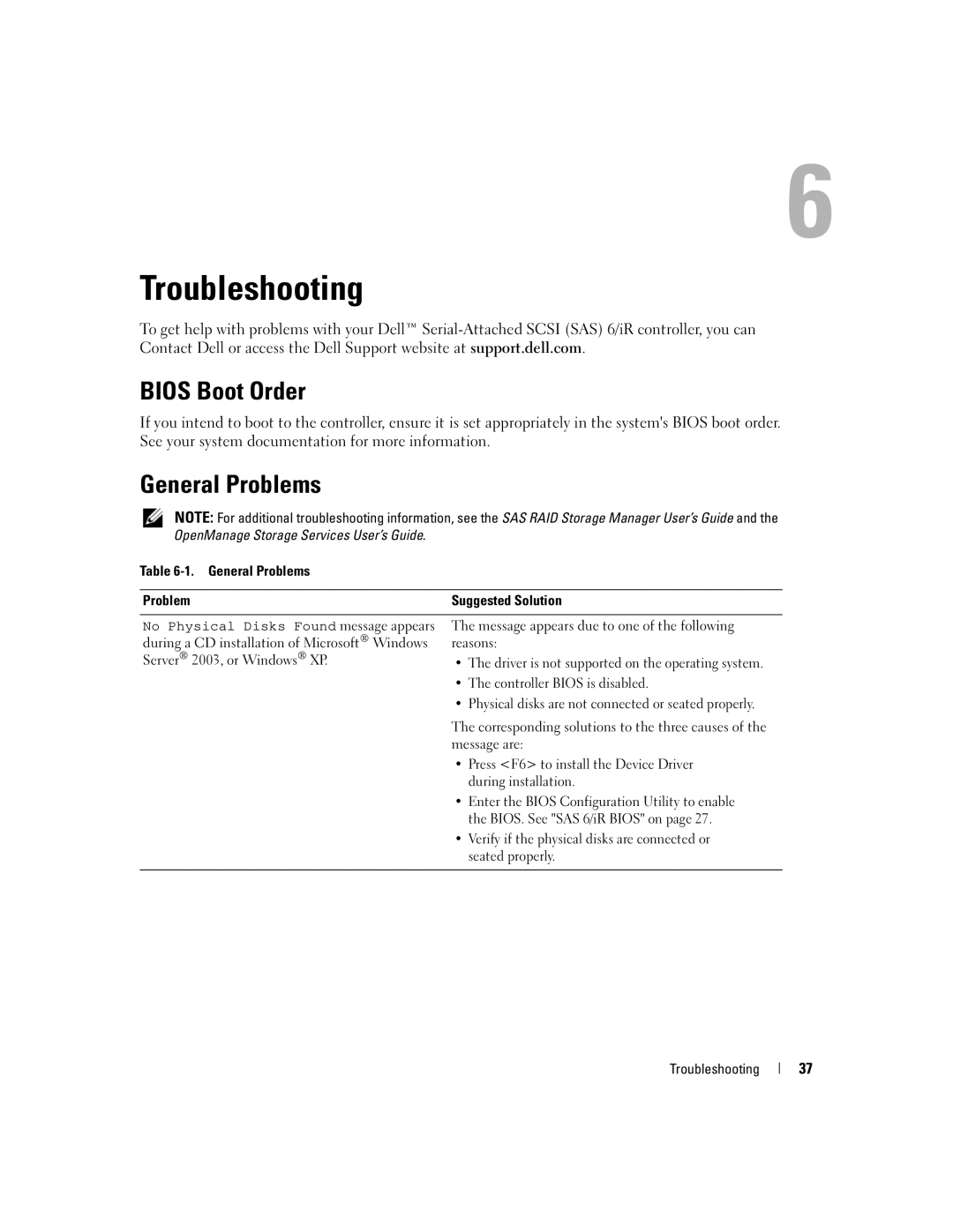 Dell SCSI 6/IR manual Troubleshooting, Bios Boot Order, General Problems 