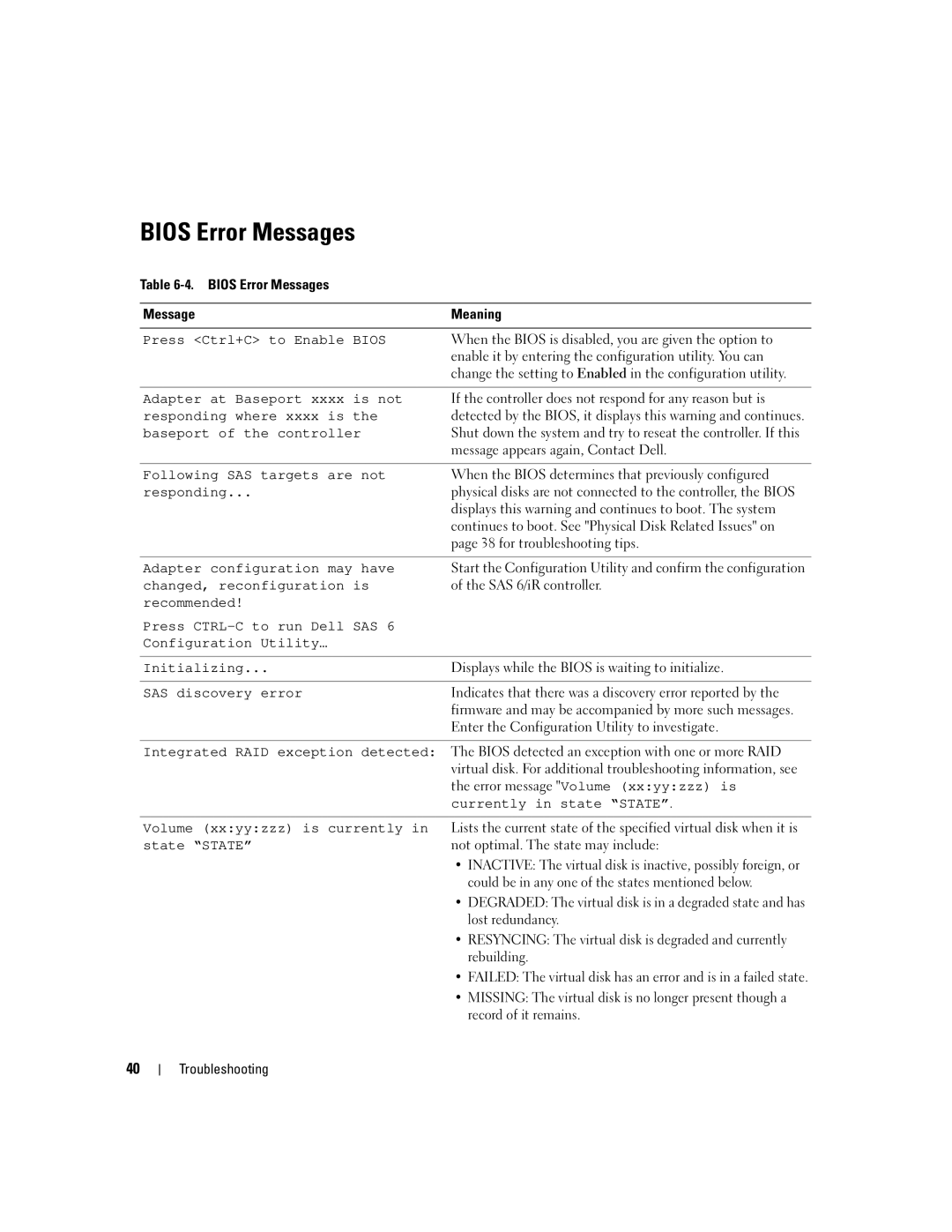 Dell SCSI 6/IR manual Bios Error Messages, Press Ctrl+C to Enable Bios 