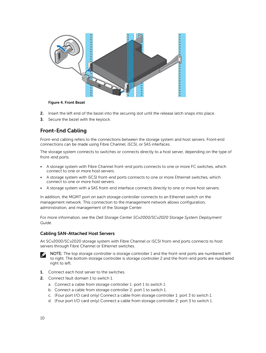 Dell SCv2020, SCv2000 manual Front-End Cabling, Cabling SAN-Attached Host Servers 