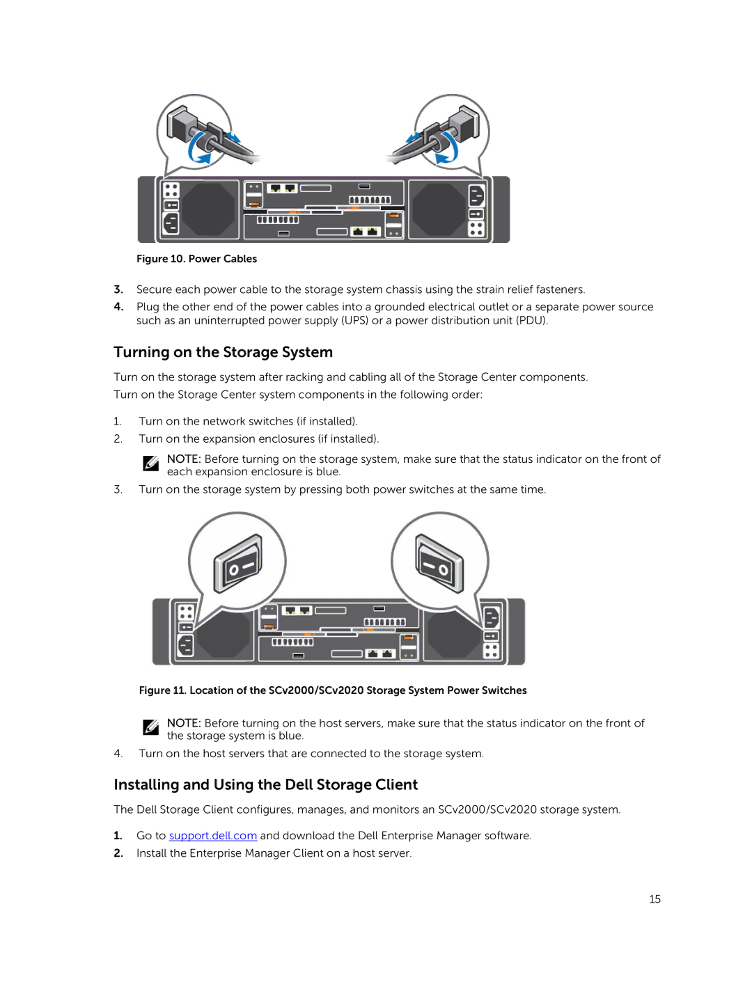 Dell SCv2000, SCv2020 manual Turning on the Storage System, Installing and Using the Dell Storage Client 