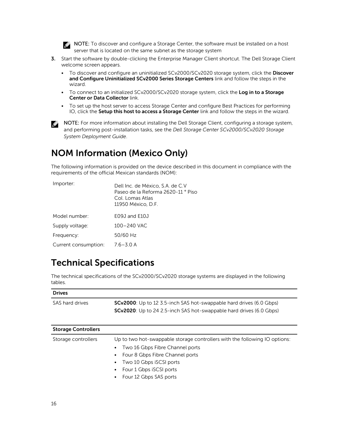 Dell SCv2020, SCv2000 manual NOM Information Mexico Only, Technical Specifications 