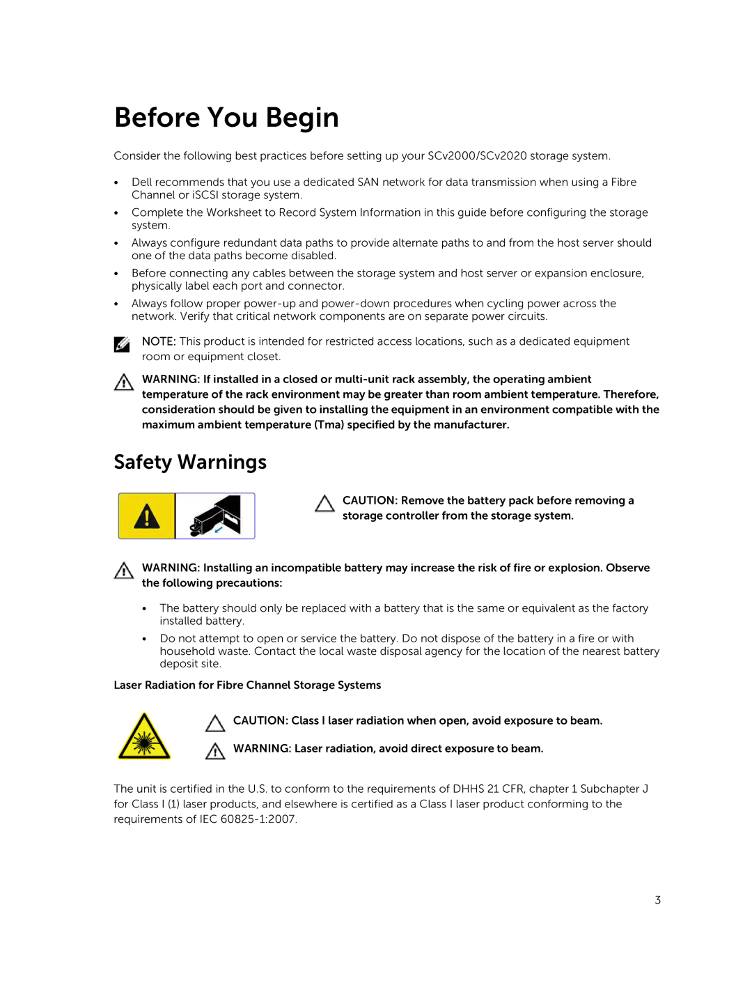 Dell SCv2000, SCv2020 manual Before You Begin, Safety Warnings 