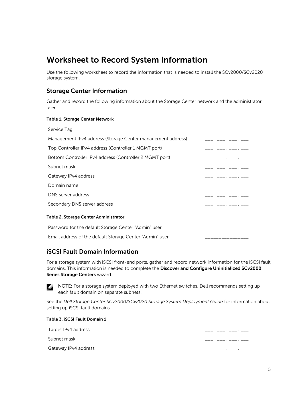 Dell SCv2000, SCv2020 Worksheet to Record System Information, Storage Center Information, ISCSI Fault Domain Information 