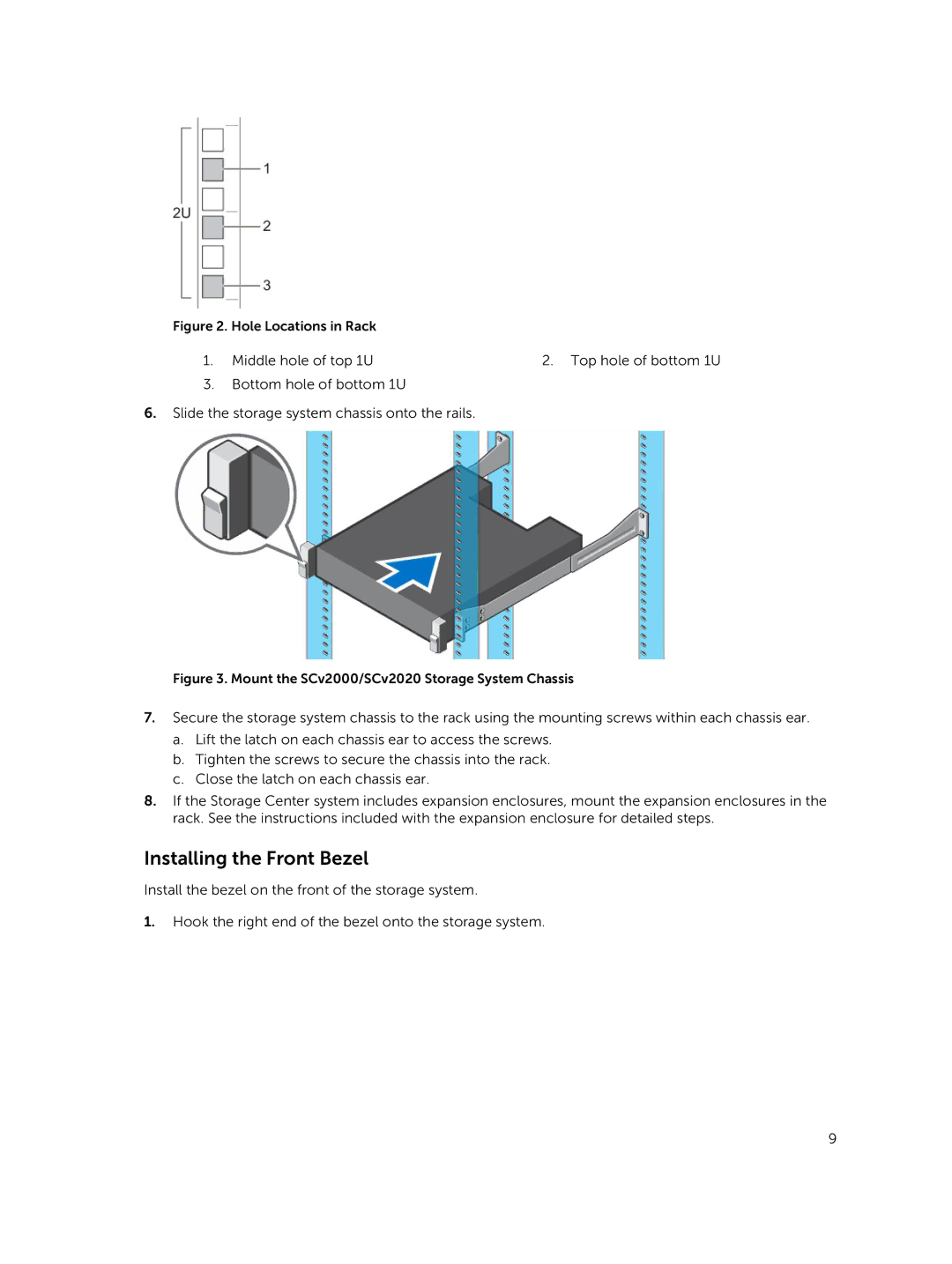 Dell SCv2000, SCv2020 manual Installing the Front Bezel, Hole Locations in Rack 