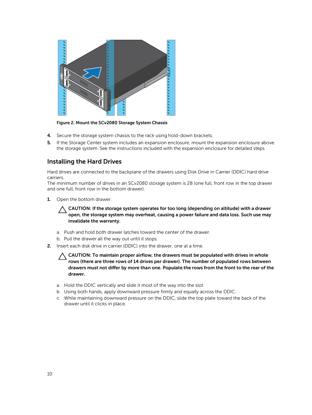 Dell manual Installing the Hard Drives, Mount the SCv2080 Storage System Chassis 